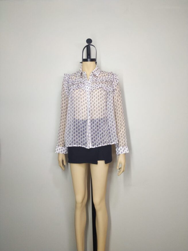 Blusa gasa blanca flores lila M - Imagen 3