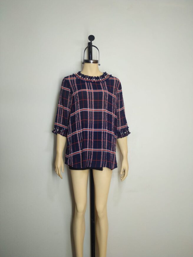 Blusa gasa azul cuadros L - Imagen 3